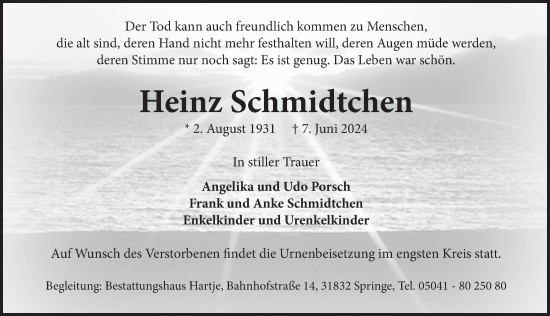 Traueranzeige von Heinz Schmidtchen von Neue Deister-Zeitung