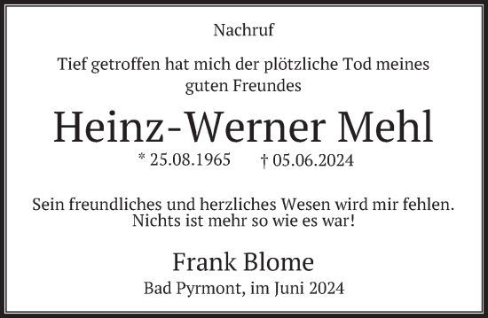 Traueranzeige von Heinz-Werner Mehl von Deister- und Weserzeitung