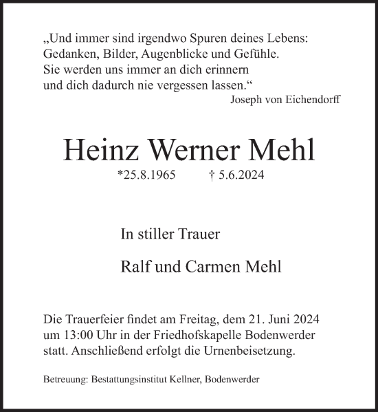 Traueranzeige von Heinz Werner Mehl von Deister- und Weserzeitung