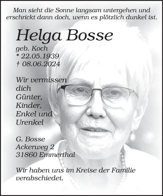 Traueranzeige von Helga Bosse von Deister- und Weserzeitung