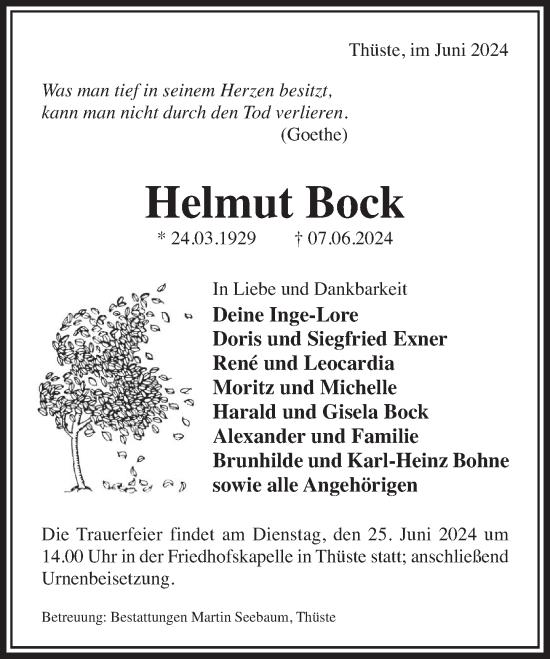Traueranzeige von Helmut Bock von Deister- und Weserzeitung