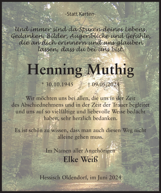 Traueranzeige von Henning Muthig von Deister- und Weserzeitung