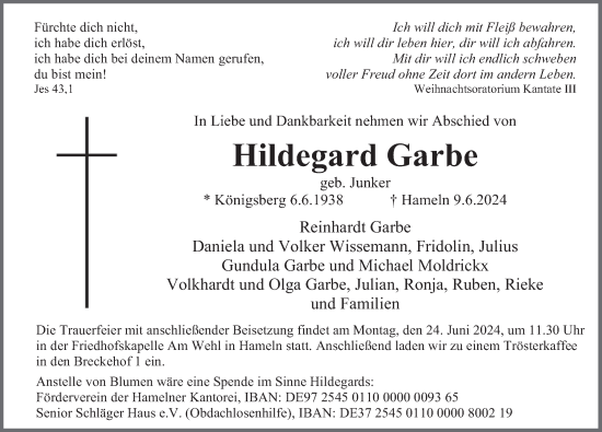 Traueranzeige von Hildegard Garbe von Deister- und Weserzeitung