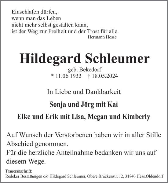 Traueranzeige von Hildegard Schleumer von Deister- und Weserzeitung