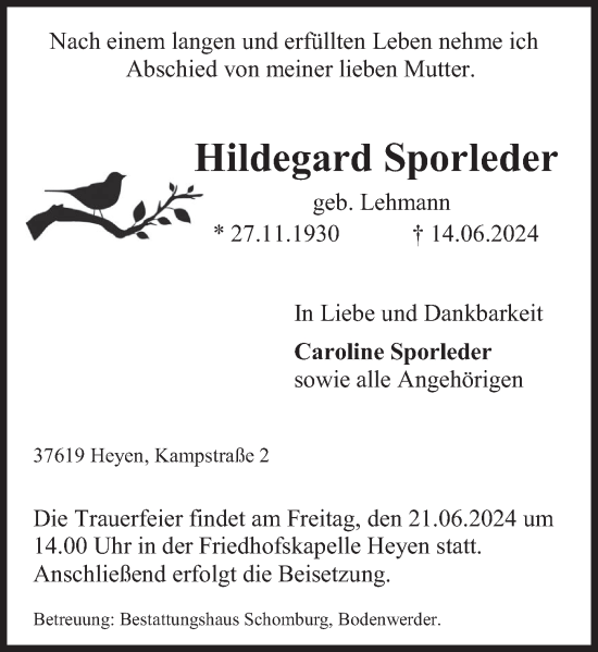 Traueranzeige von Hildegard Sporleder von Deister- und Weserzeitung