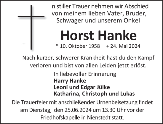 Traueranzeige von Horst Hanke von Neue Deister-Zeitung