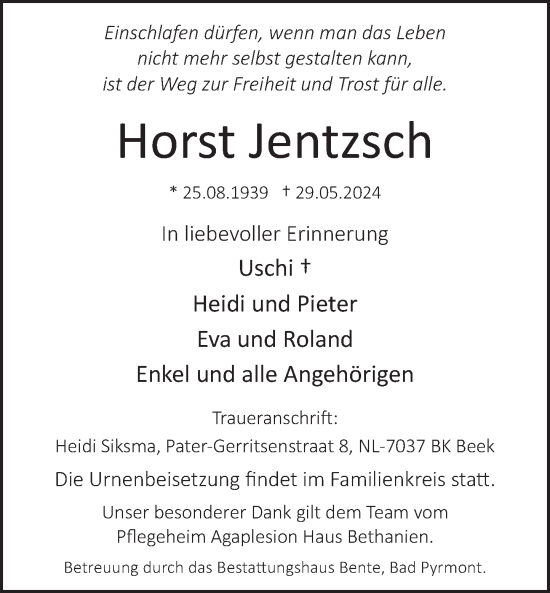 Traueranzeige von Horst Jentzsch von Deister- und Weserzeitung