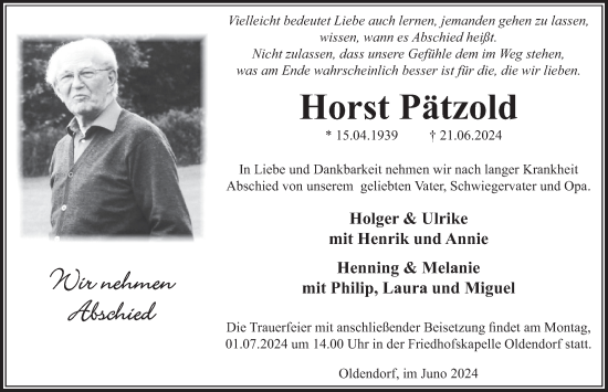 Traueranzeige von Horst Pätzold von Deister- und Weserzeitung