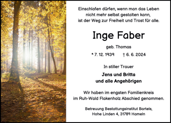 Traueranzeige von Inge Faber von Deister- und Weserzeitung