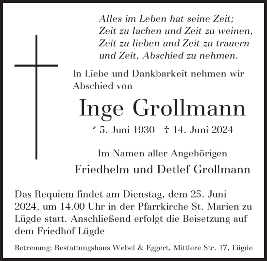 Traueranzeige von Inge Grollmann von Deister- und Weserzeitung