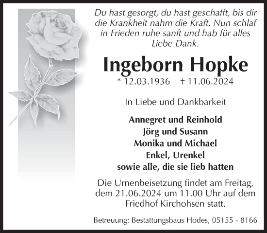 Traueranzeige von Ingeborn Hopke von Deister- und Weserzeitung