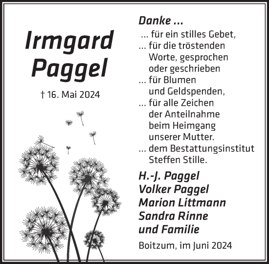 Traueranzeige von Irmgard Paggel von Neue Deister-Zeitung
