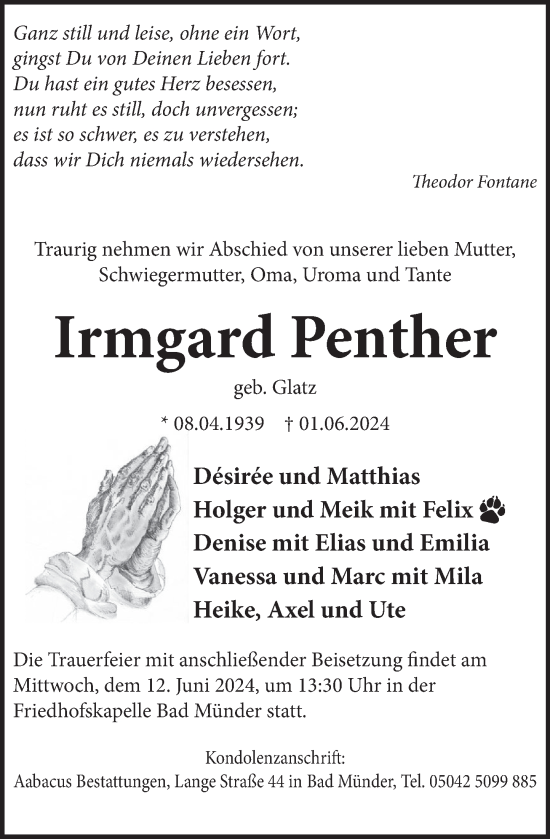 Traueranzeige von Irmgard Penther von Neue Deister-Zeitung