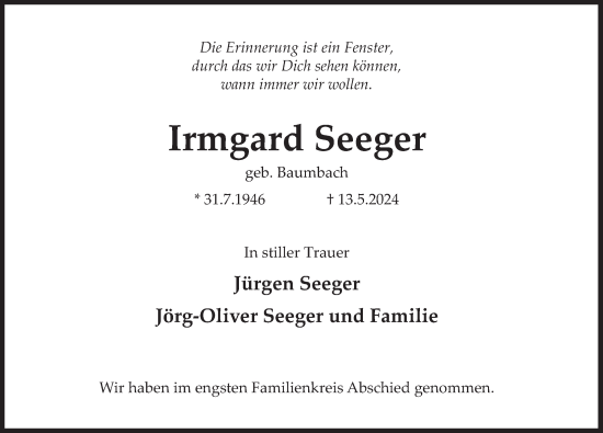 Traueranzeige von Irmgard Seeger von Deister- und Weserzeitung