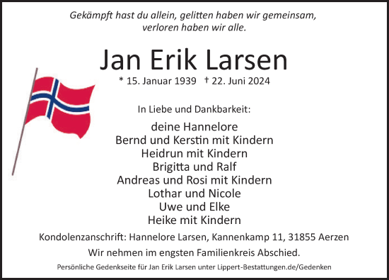 Traueranzeige von Jan Erik Larsen von Deister- und Weserzeitung