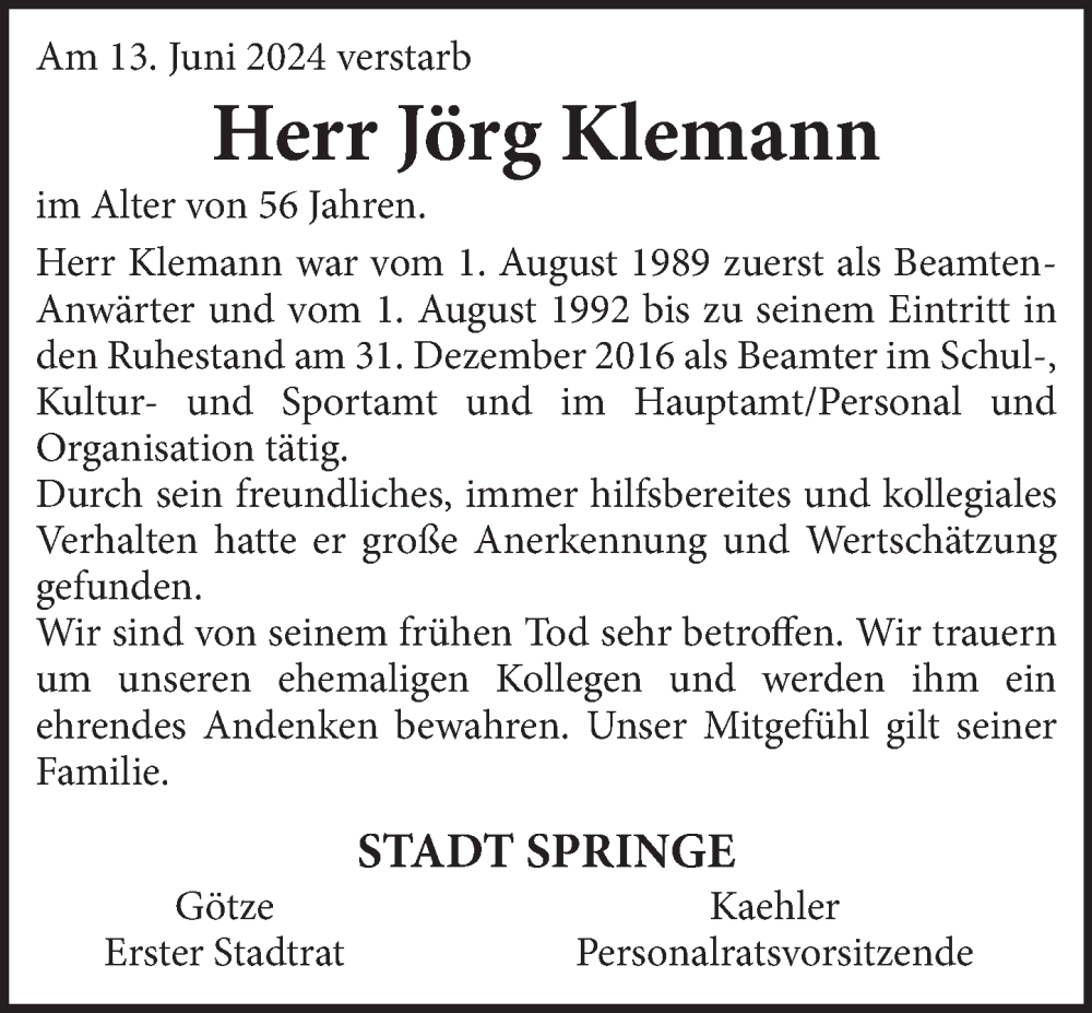  Traueranzeige für Jörg Klemann vom 22.06.2024 aus Neue Deister-Zeitung