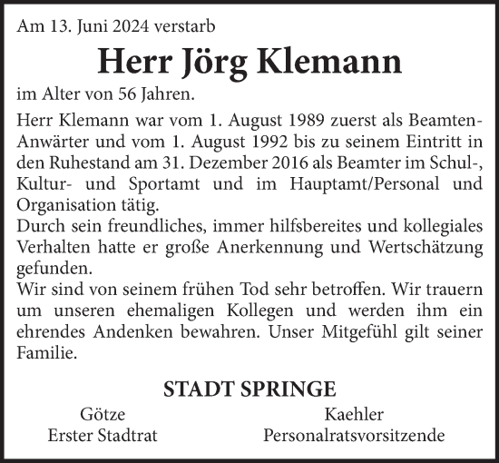 Traueranzeige von Jörg Klemann von Neue Deister-Zeitung
