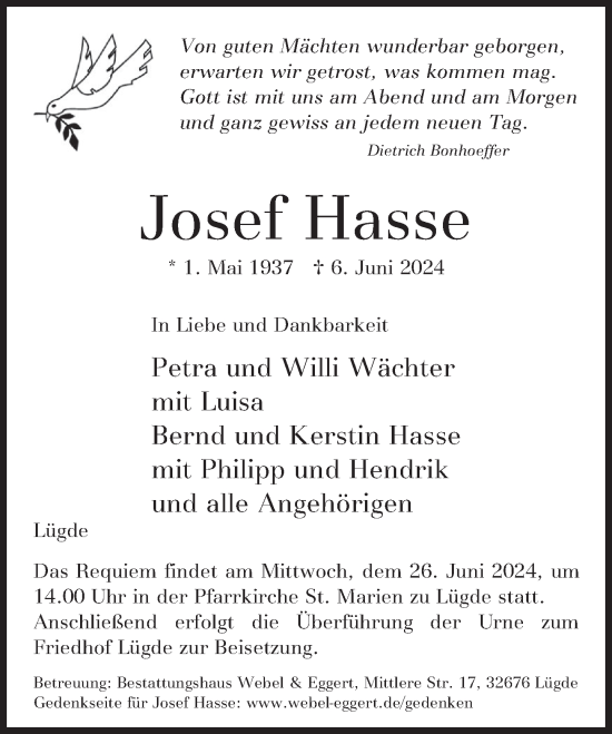 Traueranzeige von Josef Hasse von Deister- und Weserzeitung