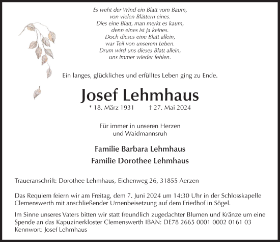 Traueranzeige von Josef Lehmhaus von Deister- und Weserzeitung