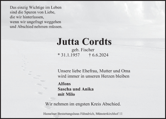 Traueranzeige von Jutta Cordts von Deister- und Weserzeitung