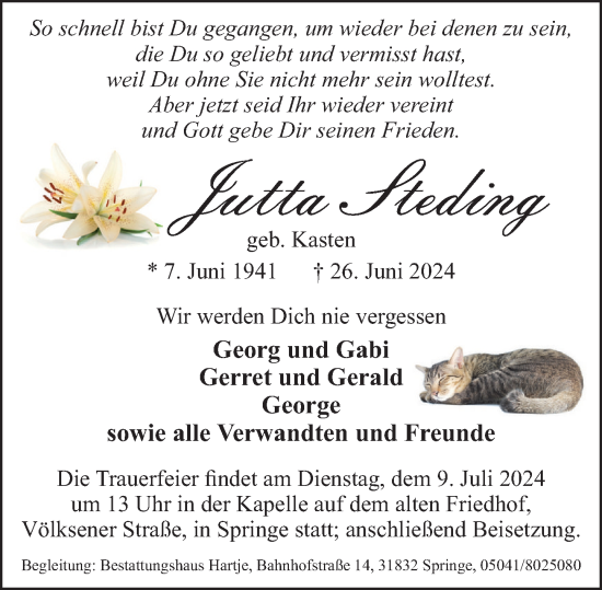 Traueranzeige von Jutta Steding von Neue Deister-Zeitung