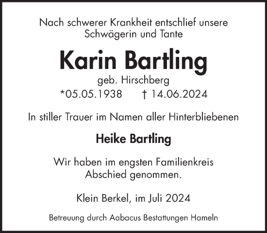 Traueranzeige von Karin Bartling von Deister- und Weserzeitung
