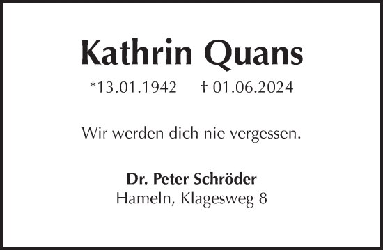 Traueranzeige von Kathrin Quans von Deister- und Weserzeitung