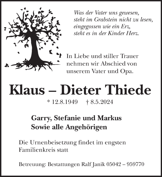 Traueranzeige von Klaus-Dieter Thiede von Neue Deister-Zeitung