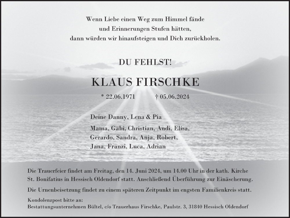  Traueranzeige für Klaus Firschke vom 12.06.2024 aus Deister- und Weserzeitung