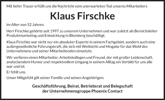 Traueranzeige von Klaus Firschke von Deister- und Weserzeitung
