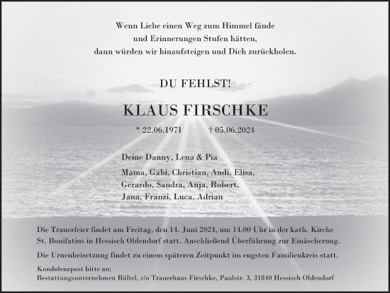 Traueranzeige von Klaus Firschke von Deister- und Weserzeitung