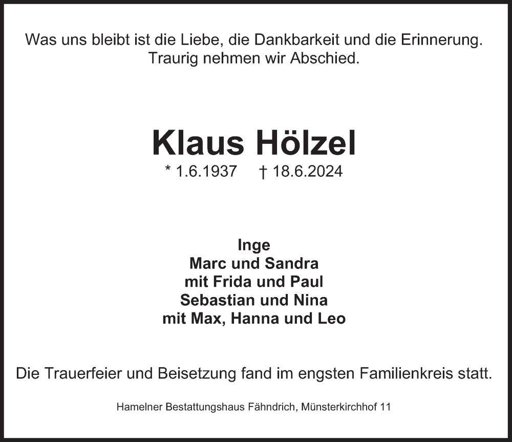  Traueranzeige für Klaus Hölzel vom 29.06.2024 aus Deister- und Weserzeitung