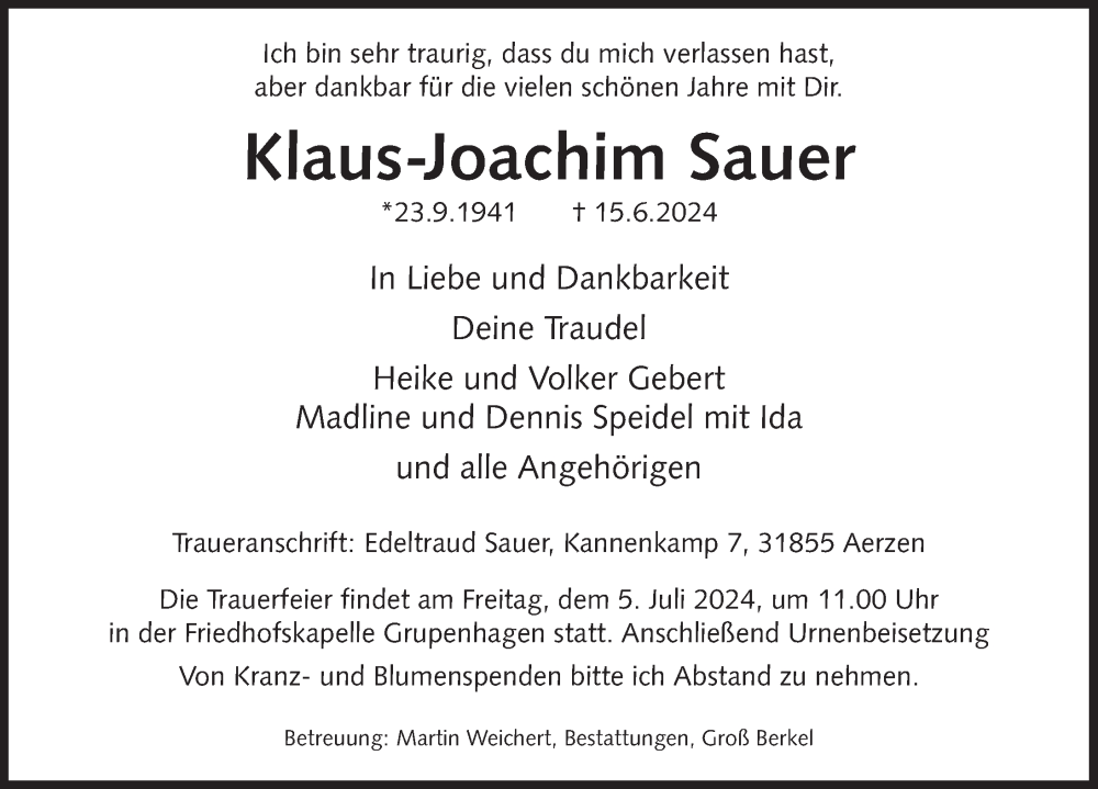  Traueranzeige für Klaus-Joachim Sauer vom 29.06.2024 aus Deister- und Weserzeitung