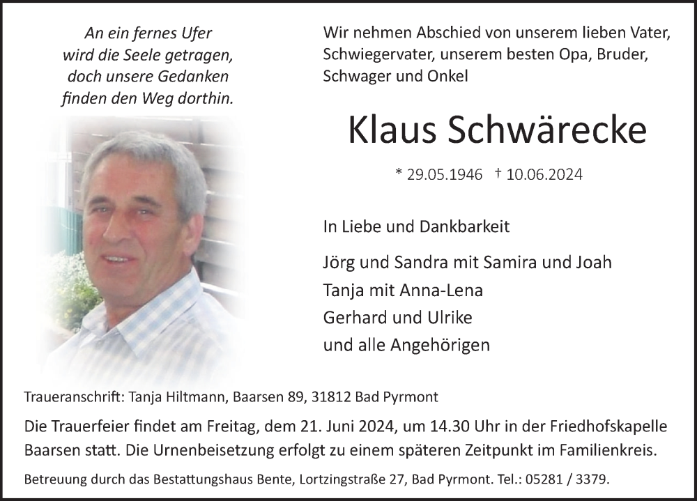  Traueranzeige für Klaus Schwärecke vom 15.06.2024 aus Deister- und Weserzeitung