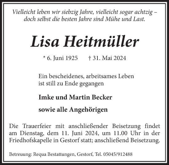 Traueranzeige von Lisa Heitmüller von Neue Deister-Zeitung