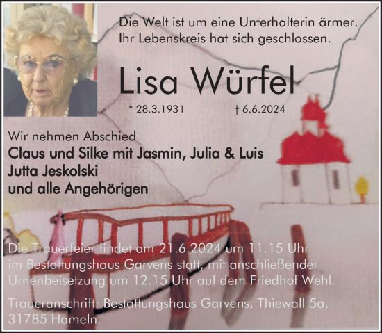Traueranzeige von Lisa Würfel von Deister- und Weserzeitung