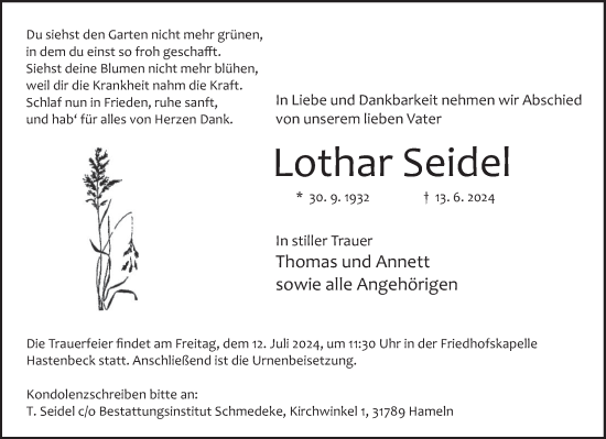 Traueranzeige von Lothar Seidel von Deister- und Weserzeitung
