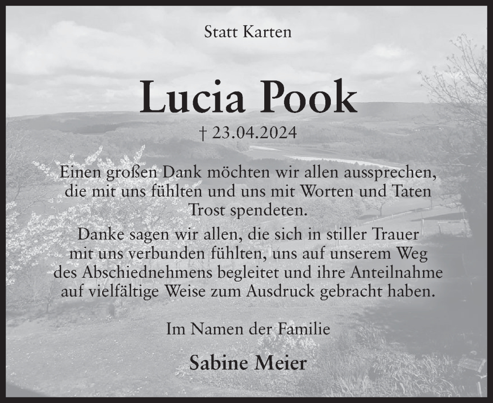  Traueranzeige für Lucia Pook vom 08.06.2024 aus Deister- und Weserzeitung
