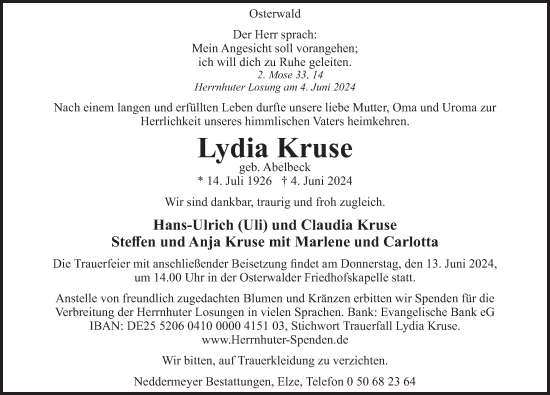 Traueranzeige von Lydia Kruse von Deister- und Weserzeitung