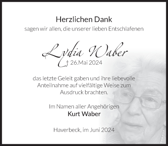 Traueranzeige von Lydia Waber von Deister- und Weserzeitung