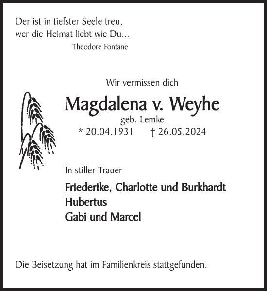 Traueranzeige von Magdalena v. Weyhe von Deister- und Weserzeitung