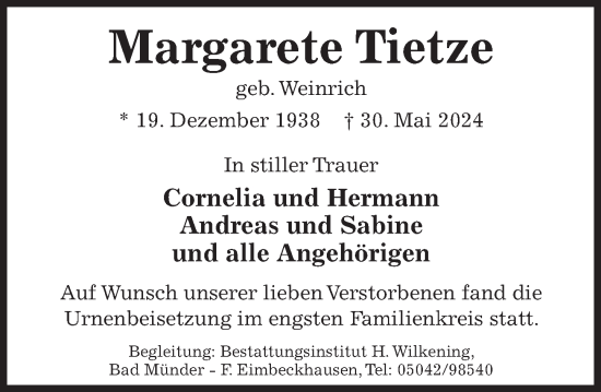 Traueranzeige von Margarete Tietze von Deister- und Weserzeitung