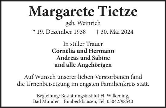 Traueranzeige von Margarete Tietze von Neue Deister-Zeitung