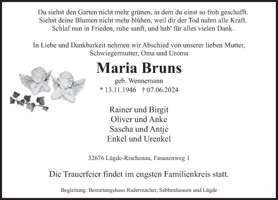 Traueranzeige von Maria Bruns von Deister- und Weserzeitung