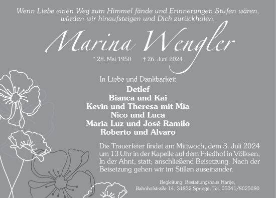 Traueranzeige von Marina Wengler von Neue Deister-Zeitung