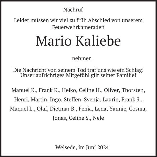 Traueranzeige von Mario Kaliebe von Deister- und Weserzeitung