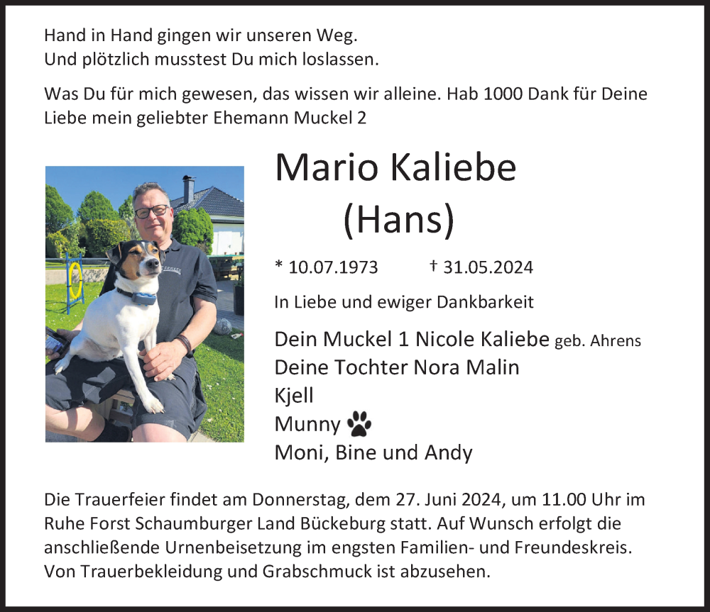  Traueranzeige für Mario Kaliebe vom 22.06.2024 aus Deister- und Weserzeitung