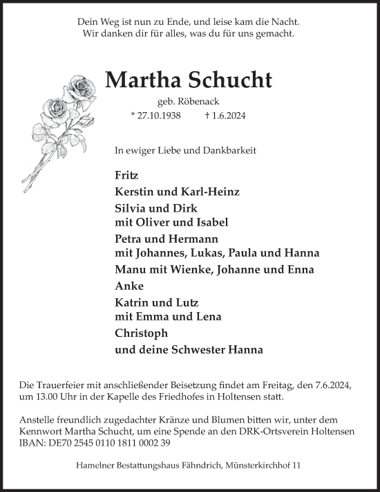 Traueranzeige von Martha Schucht von Deister- und Weserzeitung