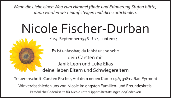 Traueranzeige von Nicole Fischer-Durban von Deister- und Weserzeitung