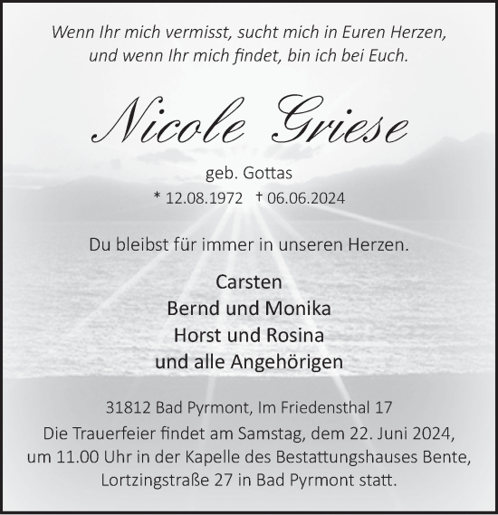 Traueranzeige von Nicole Griese von Deister- und Weserzeitung